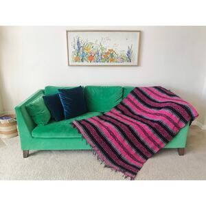 vintage 80s Hot Pink MEXICAN FALSA BLANKET rainbow speckle striped cotton throw